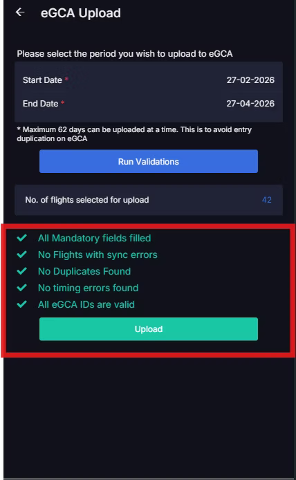 Dark eGCA Upload screen with date range, 42 flights selected, green validation checks, and an Upload button in a red-outlined panel.