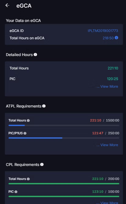 Dark eGCA stats screen showing flight hours and requirements: total 221:10, PIC 120:25, with ATPL and CPL progress bars.