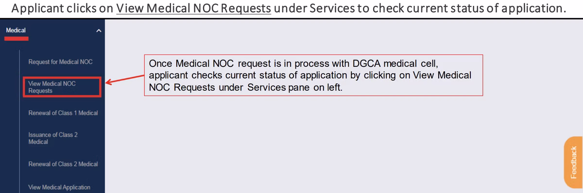 Step 8: To check the status of your application, click on 'View Medical NOC Requests' under Services on the left pane.