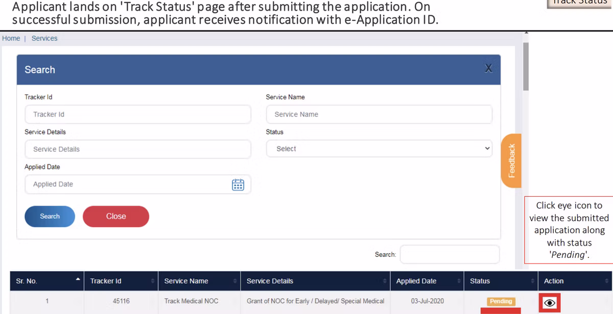 Step 8: To check the status of your application, click on 'View Medical NOC Requests' under Services on the left pane.