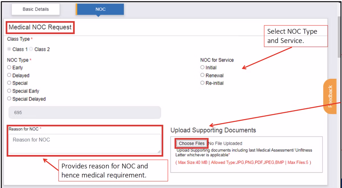Step 5: Choose the NOC Type and Service, provide the reason for requesting the NOC.