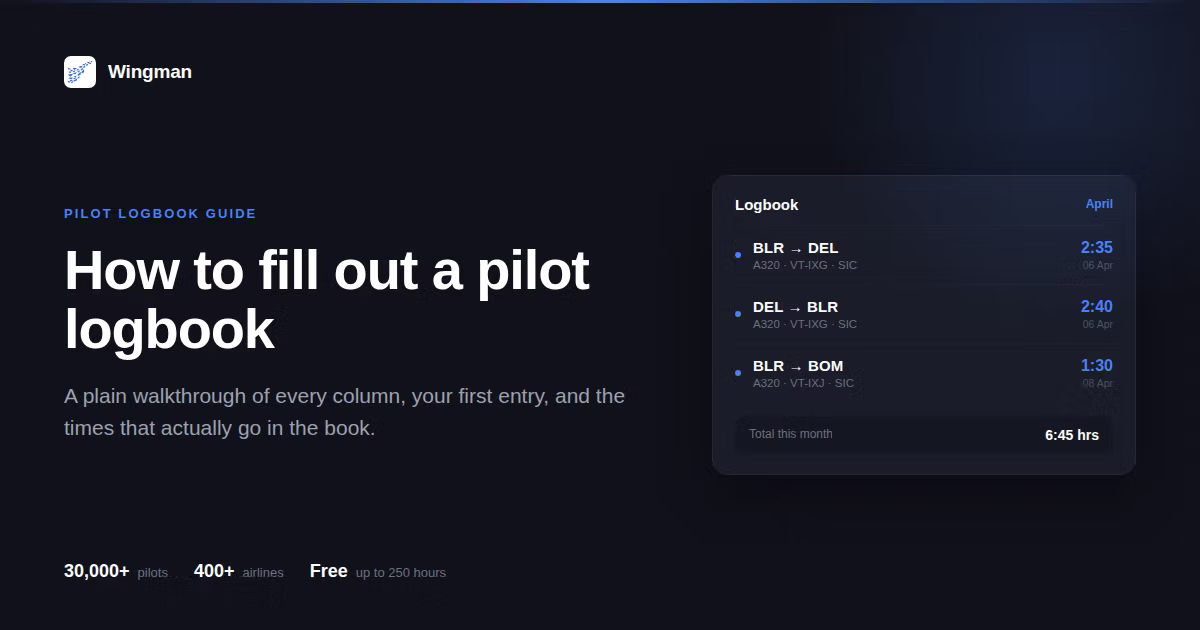 Wingman pilot logbook guide showing a digital logbook with flight entries filled from a roster.