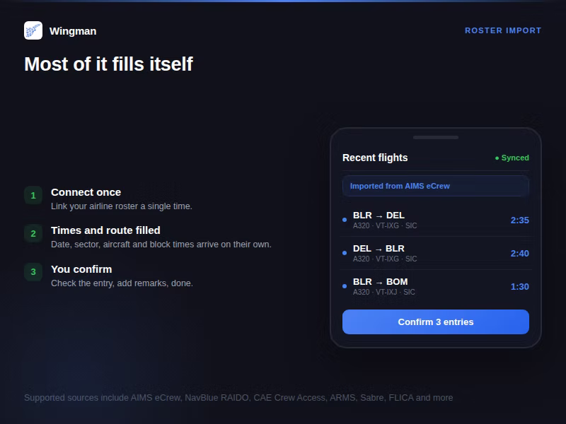 Wingman app screen importing flights from an airline roster and filling logbook entries automatically.