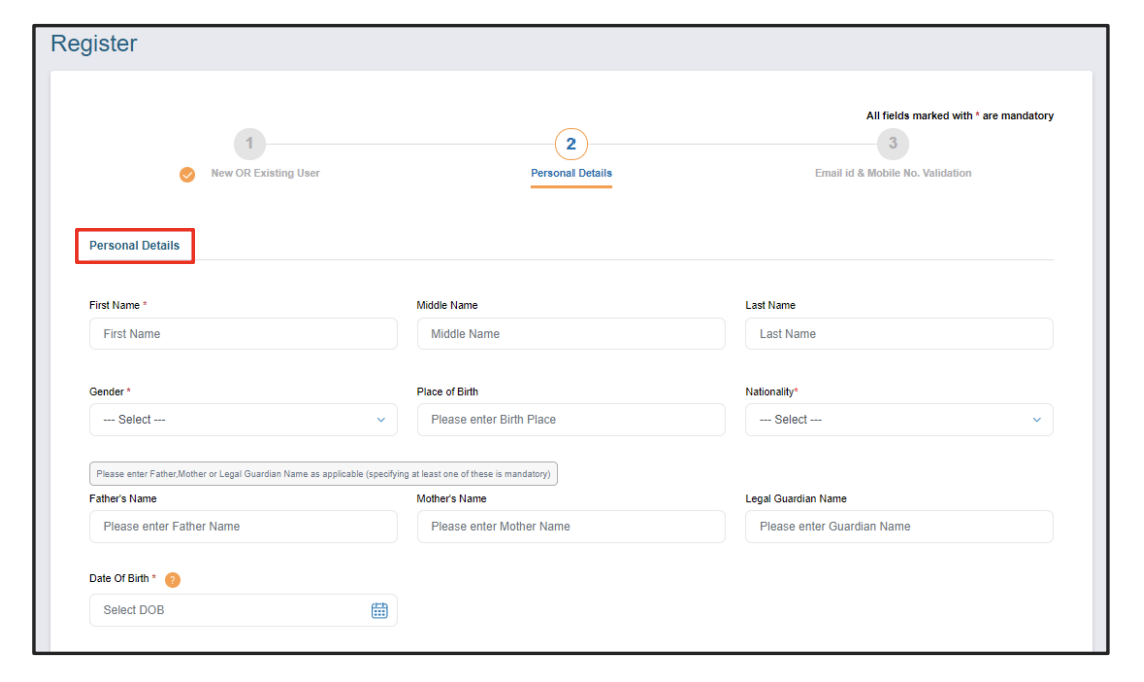 eGCA registration form, personal details, first section