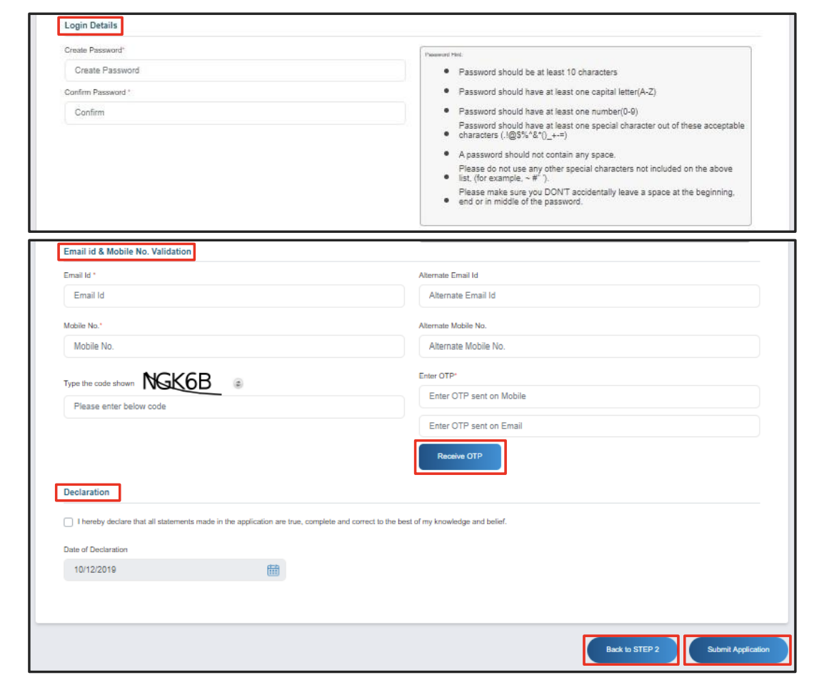 Submit Application button at the end of the eGCA registration form