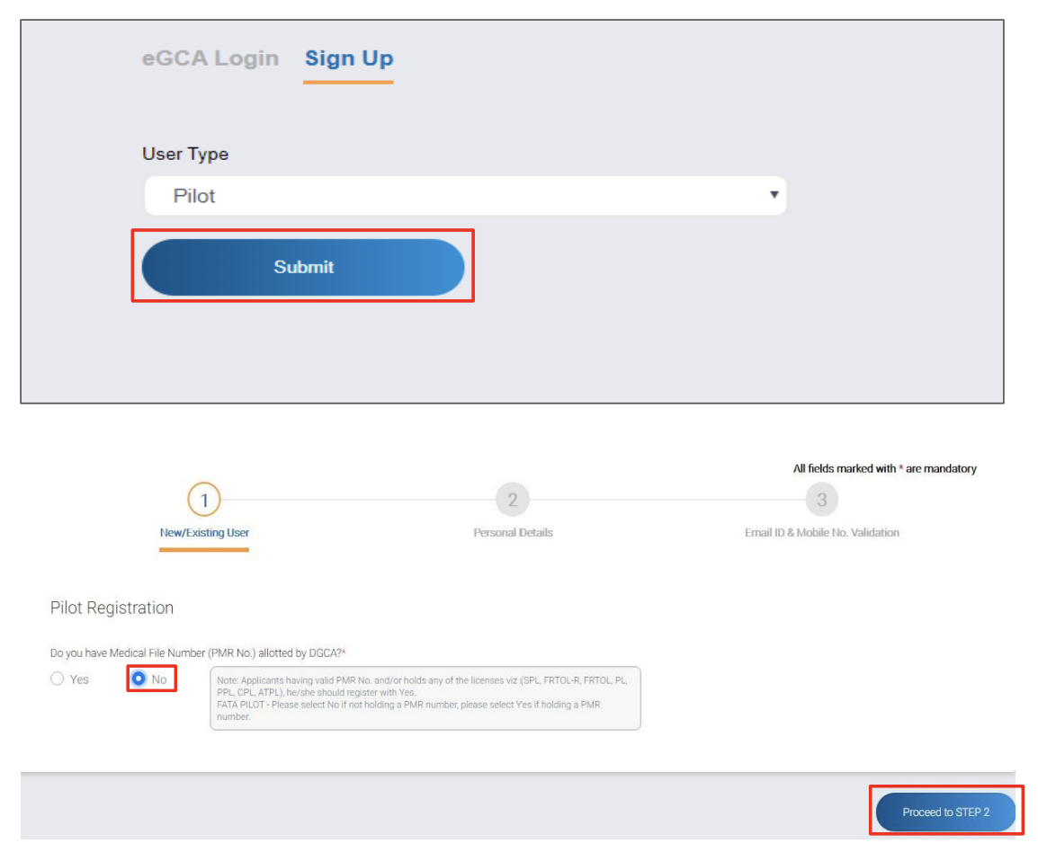eGCA Sign Up tab with Pilot selected as the user type, and the PMR question on the pilot registration screen