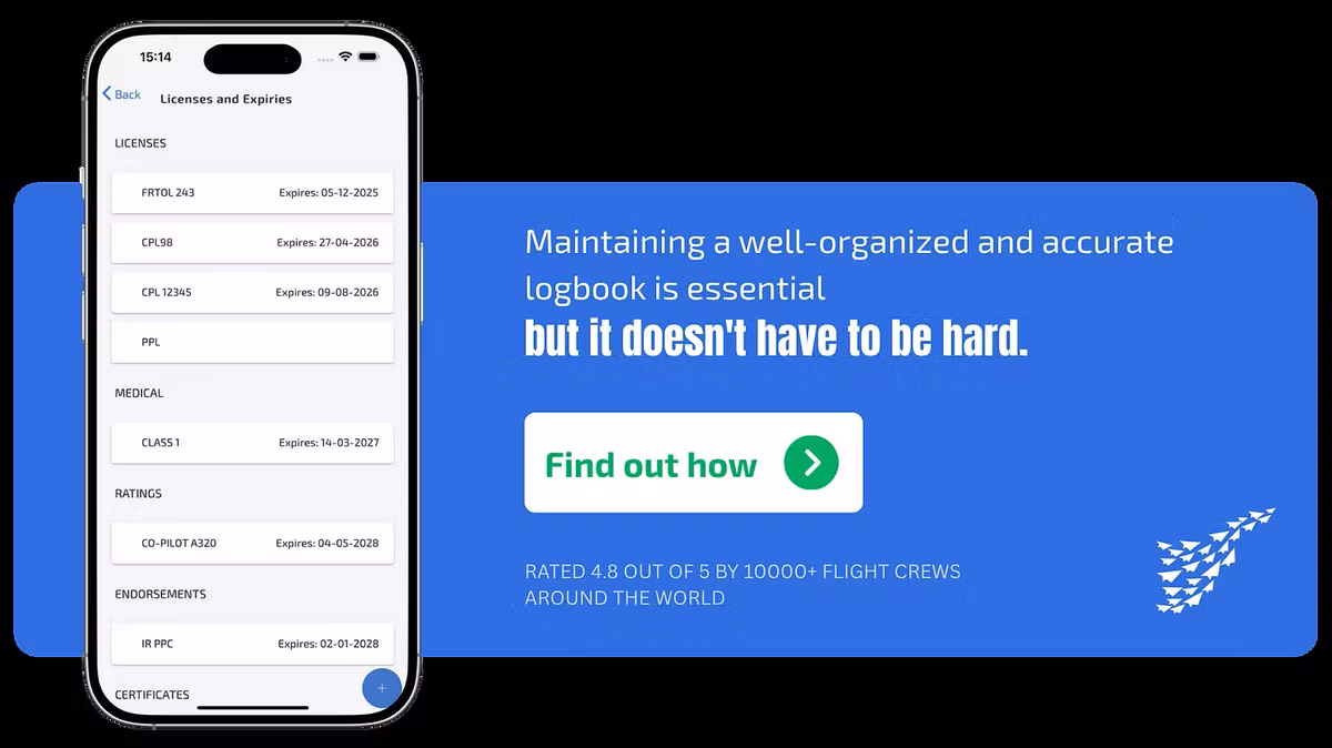 Wingman pilot logbook document, license, certificate, expiry tracking feature