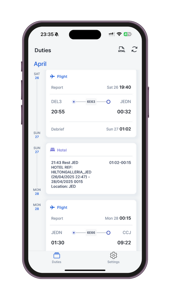 AirRoster roster on a phone
