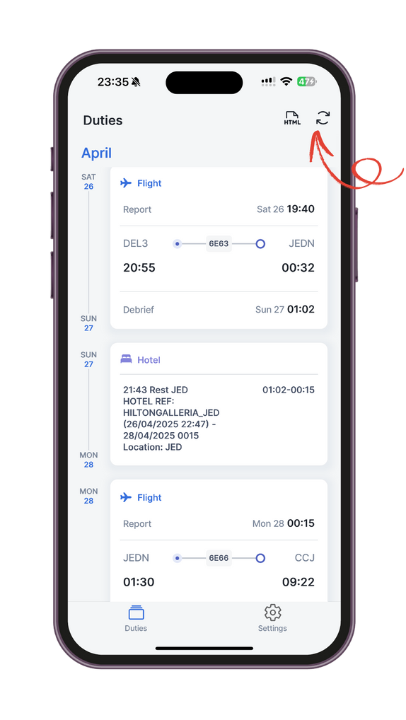 AirRoster cached schedule on a phone