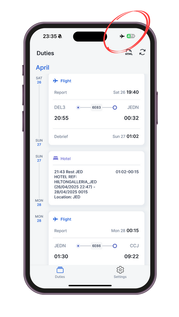 AirRoster offline duty view on a phone