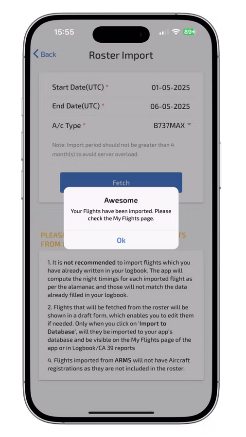 Wingman Pilot Logbook screen