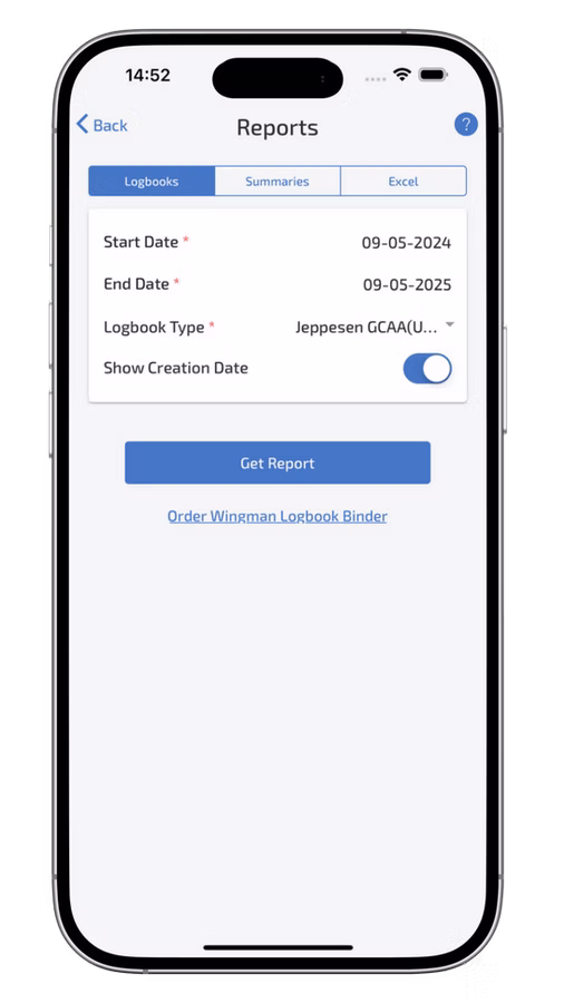 Wingman Pilot Logbook screen