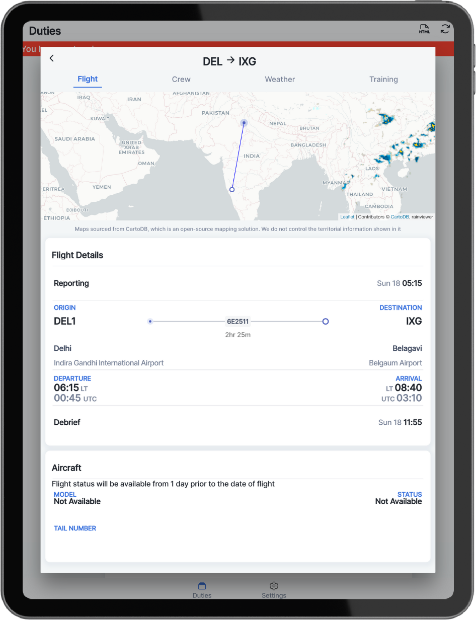 AirRoster duties and route map on a tablet