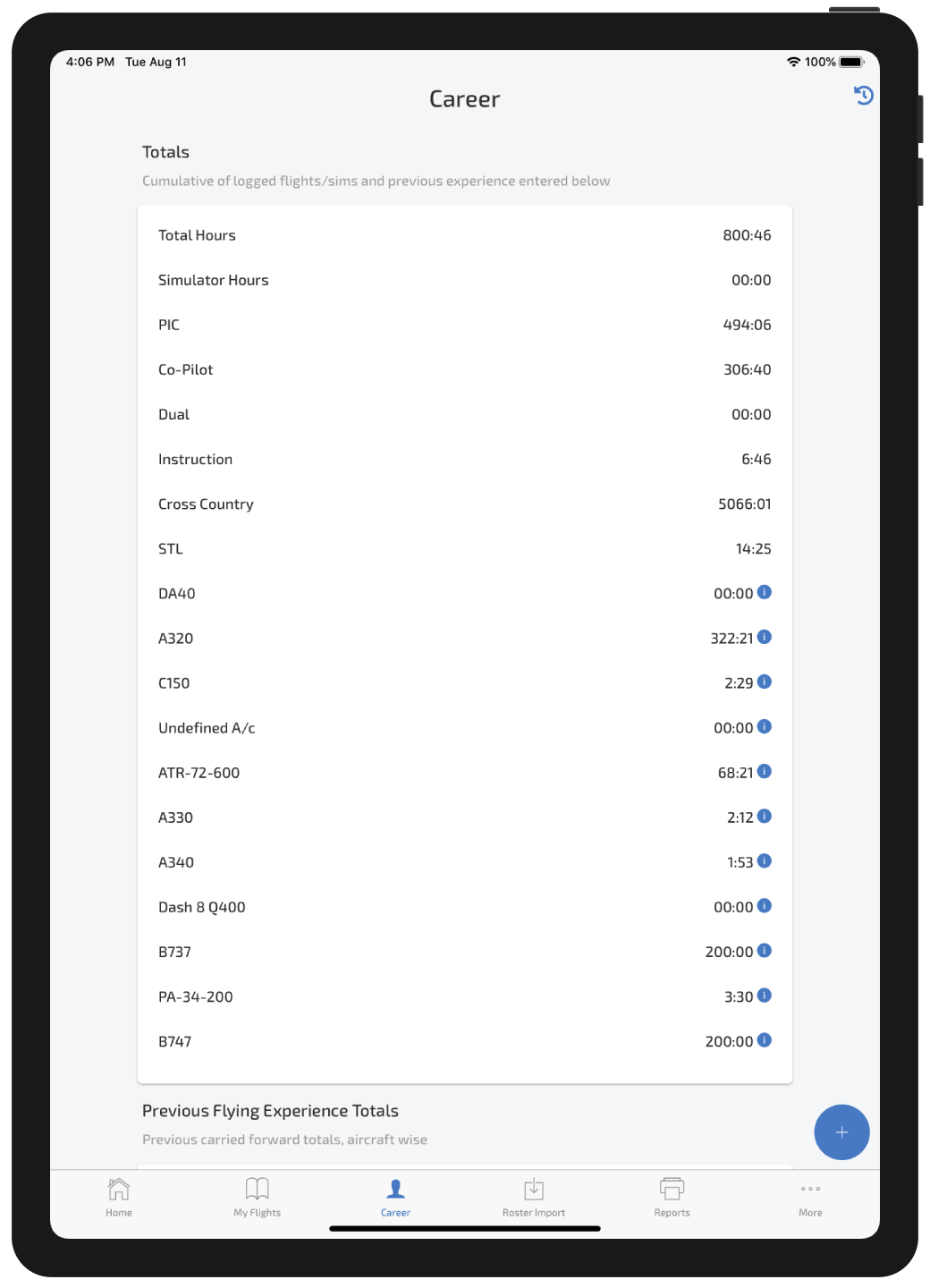 Wingman pilot logbook on iPad