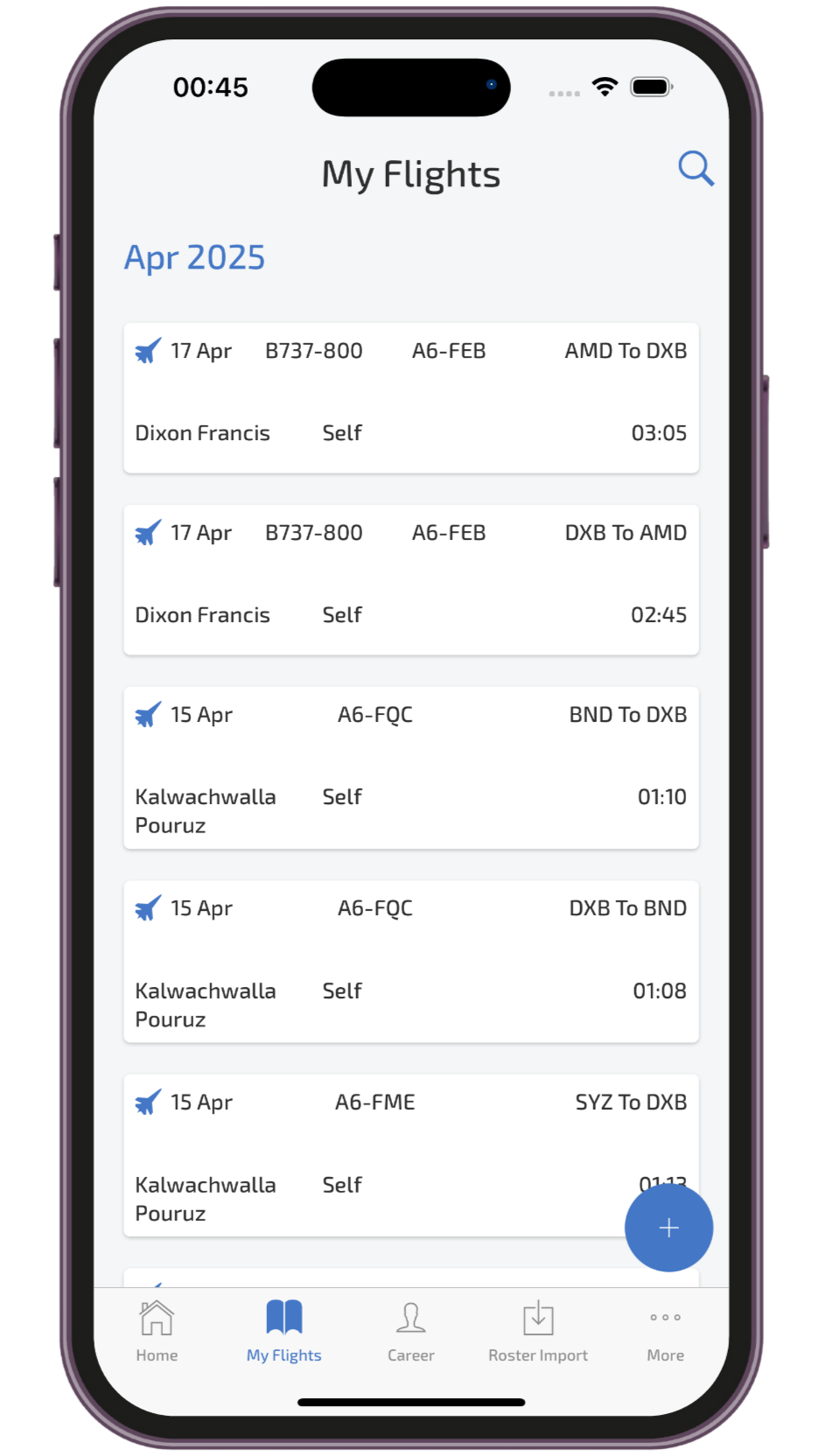 Wingman flights page on iPhone